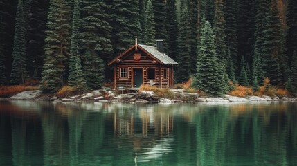 The cabin is in front of the woods by the lake, AI generated