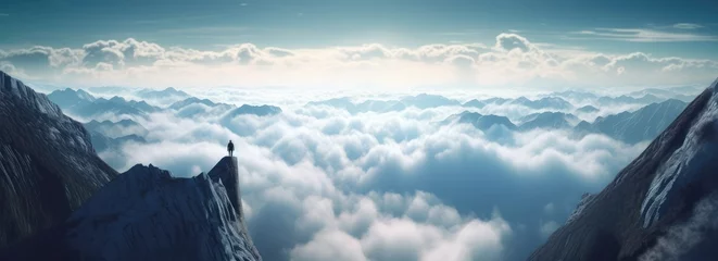 Foto op Plexiglas man standing on top of a mountain among mountains © evening_tao