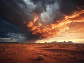 Fototapeta na wymiar AI generated illustration of a beautiful orange and yellow sunset sky above a sandy desert landscape