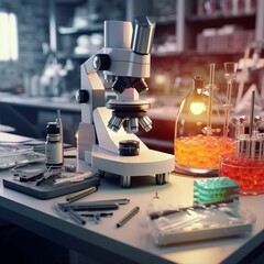 AI generated illustration of a scientific laboratory with a microscope and scientific objects - obrazy, fototapety, plakaty