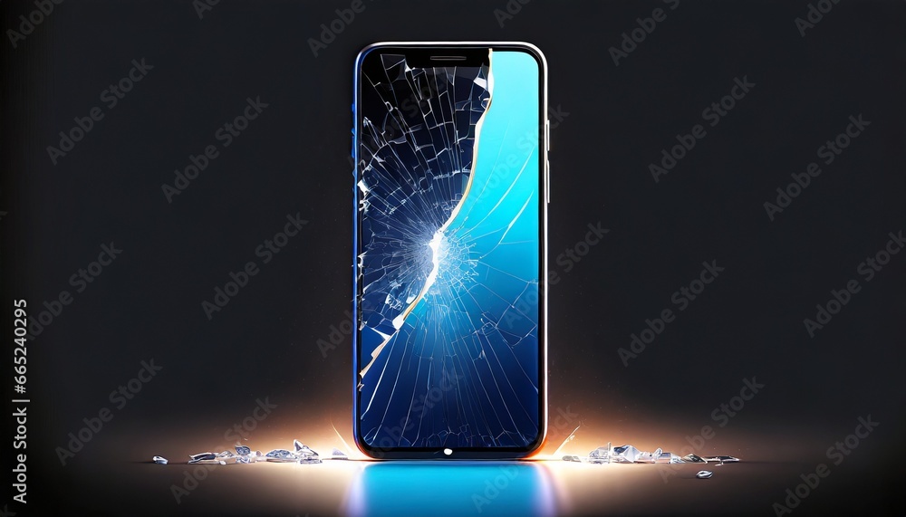 Poster broken smartphone or cellphone on a dark background. crash concept. background with selective focus