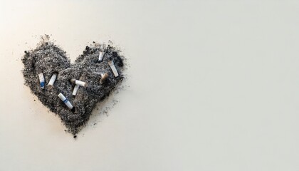 Firefly heart shaped cigarette ash on light background, top view. Bad habit concept. Background with selective focus