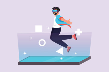 Happy people playing virtual game. Virtual game  concept. Colored flat vector illustration isolated.