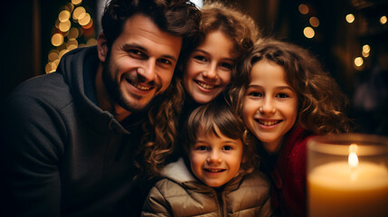 A high-resolution 4K portrait Portrait of a Young, Happy and Smiling family on Christmas Holiday at Home cherishing the moment with a heartfelt selfie with little daughter.