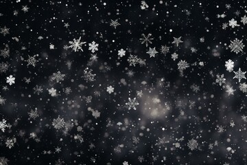 Snowy Christmas scene with white snowflakes overlay on black background, creating a bokeh effect and snowfall. Generative AI
