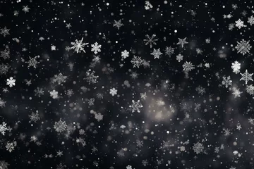 Fotobehang Snowy Christmas scene with white snowflakes overlay on black background, creating a bokeh effect and snowfall. Generative AI © Alexander