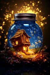 Enchanted Fairy House Beneath the Full Moon - Whimsical Illustration magical world of fairies and the beauty of the moonlit night with this captivating artwork