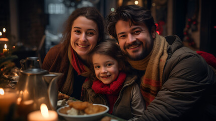 A high-resolution 4K portrait Portrait of a Young, Happy and Smiling family on Christmas Holiday at Home cherishing the moment with a heartfelt selfie with little daughter.