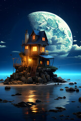 Enchanted Fairy House Beneath the Full Moon - Whimsical Illustration magical world of fairies and the beauty of the moonlit night with this captivating artwork, book cover, kids room, 