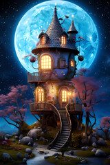 Enchanted Fairy House Beneath the Full Moon - Whimsical Illustration magical world of fairies and the beauty of the moonlit night with this captivating artwork, book cover, kids room