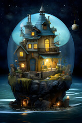 Enchanted Fairy House Beneath the Full Moon - Whimsical Illustration magical world of fairies and the beauty of the moonlit night with this captivating artwork.
