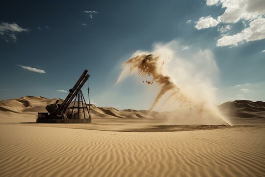 Symbolic image of oil rig pumping in desert representing escalating energy costs and crisis. Generative AI