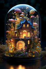 Enchanted Fairy House Beneath the Full Moon - Whimsical Illustration magical world of fairies and the beauty of the moonlit night with this captivating artwork