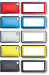 Vector set of metal buttons. Page stickers, labels, collection of metal frame objects with holes, illustration. Object isolated, empty for text.