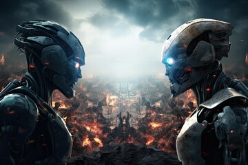 Fantasy battle scene with two cyborgs fighting in ruins, sci fi wars, robotic clashes, battlefield, futuristic warriors, cyborgs battle scene, destroyed city, aliens war - obrazy, fototapety, plakaty