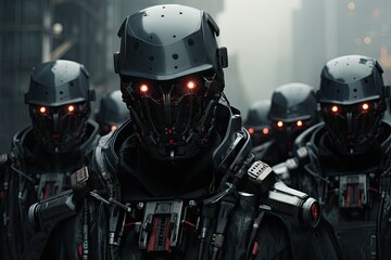 Cybernetic Defenders, Riot police stand guards, Robotic Police officers in action, hi-tech special forces, red eyes robots, futuristic armed forces, humanoid soldiers