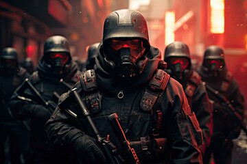 Fototapeta premium Urban Enforcers with rifles, fighters in action during the training in the city, special armed police force, modern armed forces guarding the city, masked military soldiers