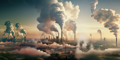 A sprawling industrial landscape with factories emitting CO2, a stark portrayal of environmental impact. - obrazy, fototapety, plakaty