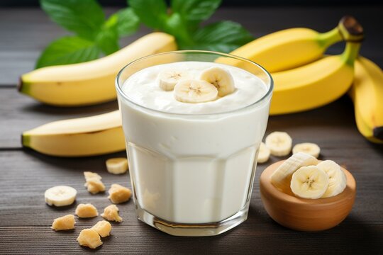 Irresistible, creamy banana yogurt with banana slices. A refreshing treat filled with greek yogurt, whipped cream, smoothie, and milk. Generative AI