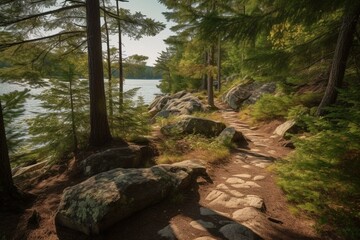 Scenic trail with trees, rocks, forest, and lake in Neys Provincial Park, Ontario, Canada. Generative AI