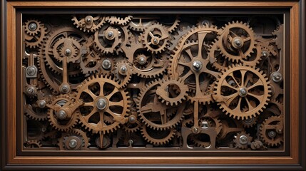 A 3D frame with interlocking gears and cogs, a mechanical marvel. - obrazy, fototapety, plakaty
