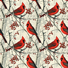 Cardinal Woodcut Pattern with Trees and Berries
