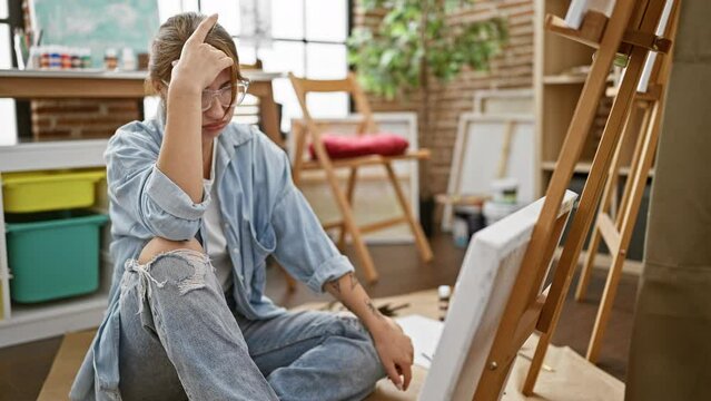 Young woman artist looking draw stressed at art studio