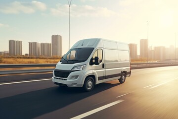Fast moving white delivery van on motorway road to urban suburb. Distribution, logistics and express service. Mini bus on sunny highway. Generative AI