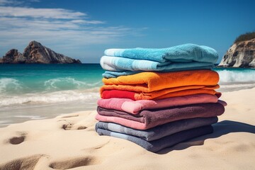 Colorful towels on an idyllic beach. Generative AI