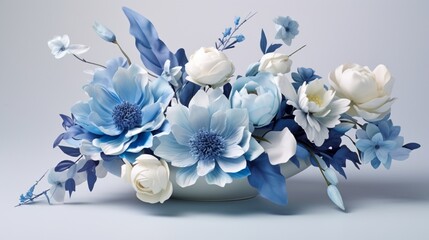 Craft a mesmerizing 3D blue centerpiece with delicate details, set against a pristine white canvas.