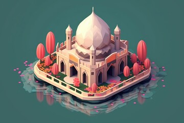 A mosque with a flower in an isometric illustration. Generative AI