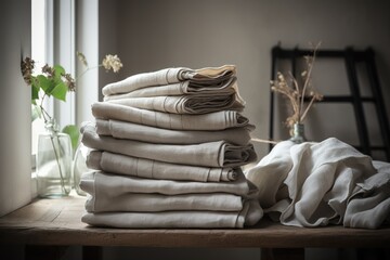 Collection of natural linen kitchen towels stacked on table