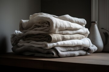 Collection of natural linen kitchen towels stacked on table