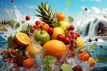 Various juicy fruits and water splashes against a scenic backdrop. Generative AI