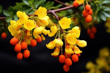 A type of flowering plant known as berberis darwinii. Generative AI - obrazy, fototapety, plakaty
