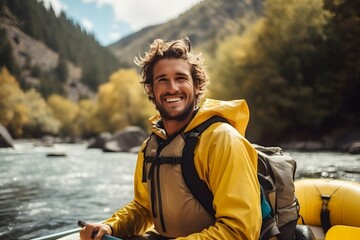 man on a river rafting adventure - obrazy, fototapety, plakaty