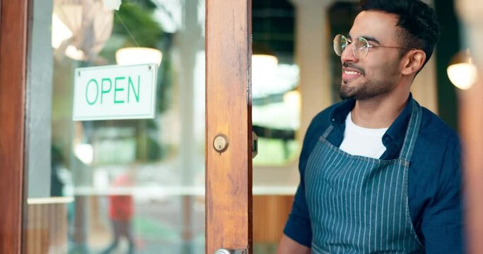 Door closed sign, smile and restaurant man, startup business owner or cafe storefront boss at end of day. Glass window billboard, hospitality career worker and barista change poster at closing time