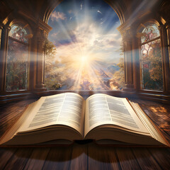 An open bible with heavenly light shining through the church window 