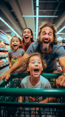 A joyful family with a shopping cart for Discounts offers at the supermarket
