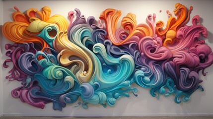 Design an intricate and colorful 3D mural that seems to leap off the white wall with striking visual depth.