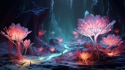Design an otherworldly 3D abstract landscape with crystalline formations and bioluminescent flora.