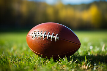Close up shot of a brown leather football ball on grass football field American football. 