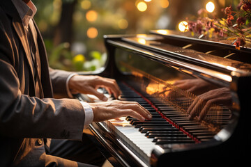 closeup photo of male hands of a person playing the piano pressing the keys. bokeh lights in the background. outside in the nature playing music instrument.  - obrazy, fototapety, plakaty