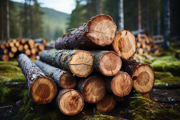 Log trunks pile, the logging timber wood industry. 