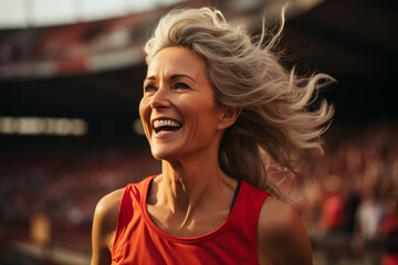 Happy mature woman running in the morning, exercise for weight loss in the stadium.