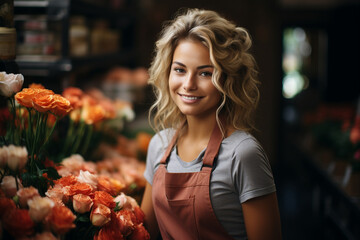 Portrait of a happy woman standing in her flower shop. Cheerful young saleswoman is waiting for customers of the flower shop. Standing at the entrance is successful small business owner.  - obrazy, fototapety, plakaty