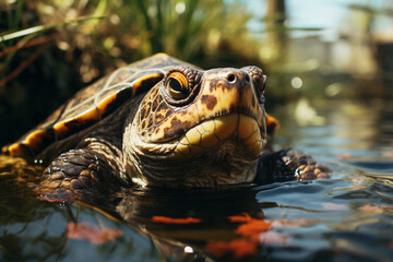 Fototapeta premium Turtle poke sit shed out of the water pond daylight. 
