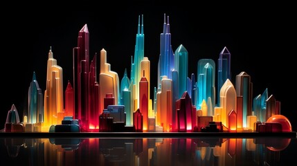 Shape an abstract 3D sculpture resembling a city skyline at dusk, with buildings illuminated in a stunning spectrum of colors.