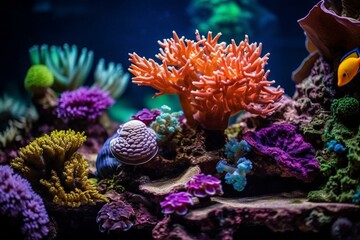 Colorful corals thrive in the deep sea environment of a marine aquarium. Generative AI