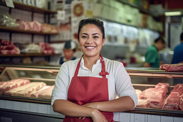 A customer choosing fresh cuts of meat at a butcher shop